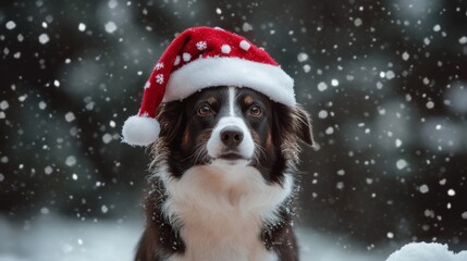 Border collie with a festive hat sitting on a snow-covered hill, looking at the camera with a loving gaze, embodying warmth and joy