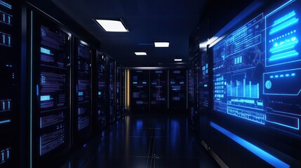Poster - A modern server room filled with sleek, black server racks illuminated by blue LED lights. In the foreground,
