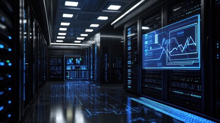 Poster - A modern server room filled with sleek, black server racks illuminated by blue LED lights. In the foreground,