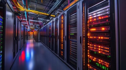Poster - A modern server room filled with sleek, black server racks illuminated by blue LED lights. In the foreground,