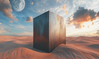 Surreal landscape with a metal cube in the desert