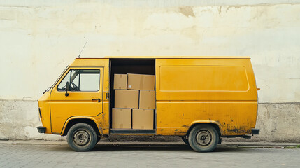 Wall Mural -  Yellow delivery van with open door, loaded with cardboard boxes, parked on an urban street, symbolizing logistics, transport, and delivery services.