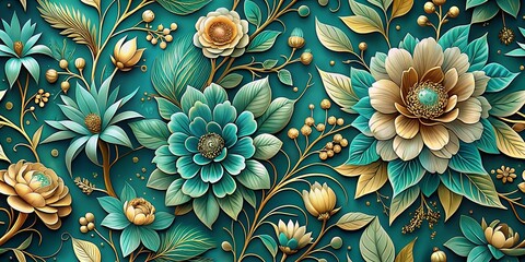 Poster - A symphony of floral elegance with golden accents on a teal canvas, showcasing the intricate beauty of nature's artistry.