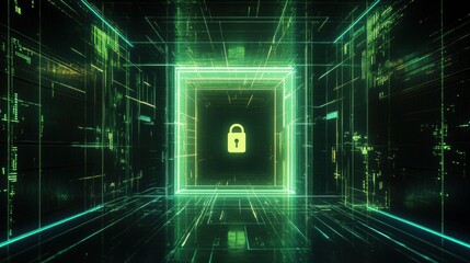Leinwandbilder - The digital display features a prominent lock icon at its center, surrounded by vibrant green lines and data streams, highlighting security. Generative AI