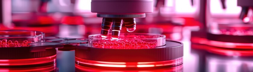 Poster - close-up of laboratory equipment with red light, petri dishes under microscope for scientific resear