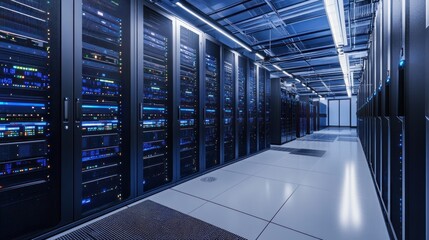 Poster - A modern server room filled with sleek, black server racks illuminated by blue LED lights. In the foreground,
