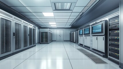 Poster - A modern server room filled with sleek, black server racks illuminated by blue LED lights. In the foreground,