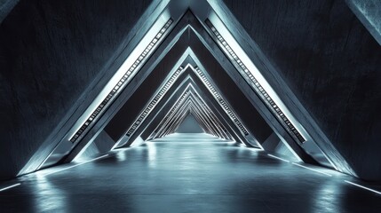 Poster - a sci-fi tunnel featuring sharp triangular shapes, designed with smooth, glossy surfaces that shimmer under strategic lighting.