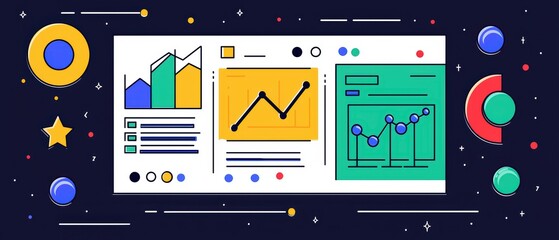 Poster - Colorful graphs and charts illustrating data analysis on a dark background, ideal for business projects.