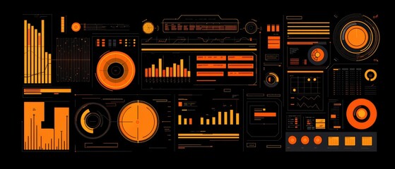 Poster - Data visualization dashboard with orange accents, featuring graphs and interactive elements on a black background.