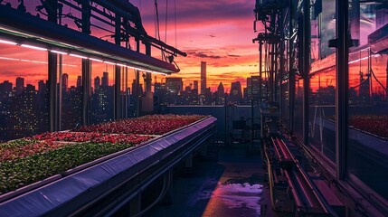 Aufkleber - Exploring the future of urban agriculture robotic hydroponic farms on city rooftops at sunset