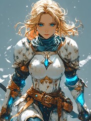 Fierce Female Knight Charging Forward with Glowing Blue Accented Armor in Intense Action Scene