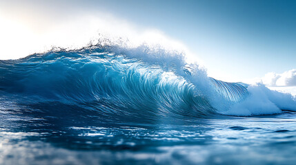 Majestic ocean wave crashing with vibrant blue hues and sunlight reflecting off water surface, creating serene and dynamic seascape