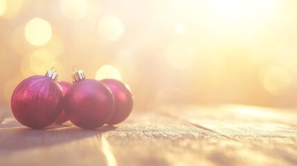 Poster - Pink Christmas Ornaments on Wooden Table Clean Blank Canvas with Empty Space for Designs