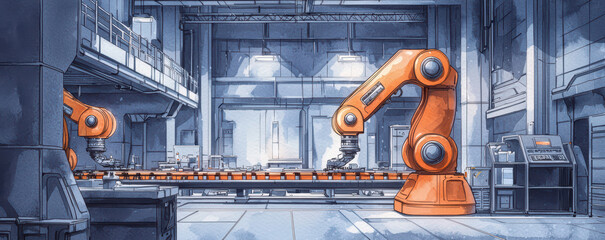 Poster - Industrial robots operating in a modern factory setting with machinery and workstations.