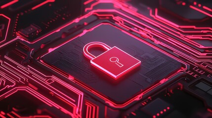 Poster - Neon lock symbol on a high-tech circuit board background, representing cybersecurity and digital protection.