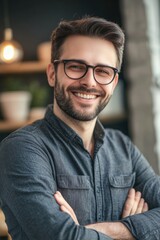 Young man with glasses, in a business suit smiling and standing confidently in an office environment.