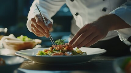 A professional chef skillfully arranging a meal on a plate in a restaurant kitchen setting.