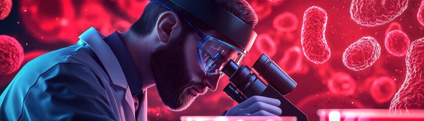 Poster - scientist examining bacteria under a microscope in a high-tech laboratory with a vibrant background.