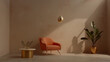 © W - A room with a chair and a potted plant. The chair is orange and the plant is tall. The room is bright and sunny, with a lot of natural light coming in through the window. The room has a modern