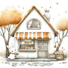 Wall Mural - Watercolor Illustration of a Cute Cottage Shop with a Bunny.