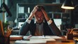 © Alexandr Efimov - Man in suit holding head, looking overwhelmed. Office setting with books and papers.