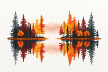 Vibrant autumn forest reflection on serene water surface with colorful trees against soft mountain backdrop.