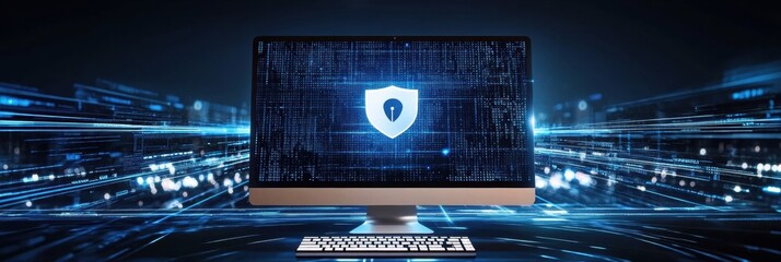 Poster - A computer screen features a shield icon, symbolizing cybersecurity and data protection in a modern digital environment. Generative AI