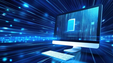 Leinwandbilder - The display showcases a prominent protection icon, set against a vibrant blue background illustrating digital security concepts. Generative AI