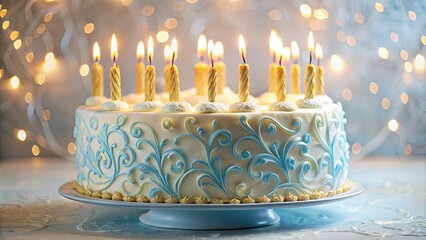 Wall Mural - A white cake adorned with blue frosting swirls and lit by golden candles, a festive centerpiece against a bokeh background.