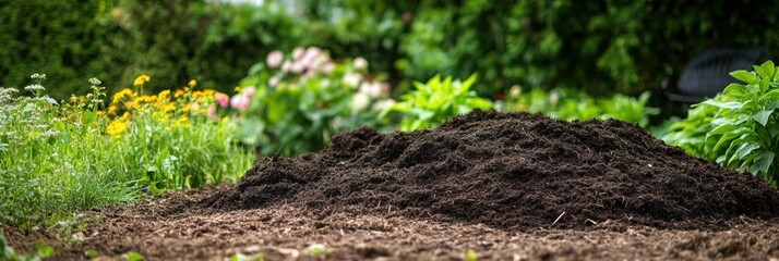 Poster - In a vibrant garden, a compost pile enriches the soil as various plants flourish in the warm, sunny atmosphere. Generative AI