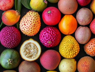 A group of exotic fruits arranged neatly, each with unique textures and colors