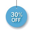 © Koh's Smart - Blue round paper note with bold white text '30% OFF' on a clean white background. Perfect for advertising promotions or sales events.