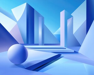 Poster - Abstract blue geometric shapes with a sphere in a serene environment.
