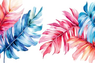 Wall Mural - Watercolor Tropical Leaves in Blue, Pink and Orange.