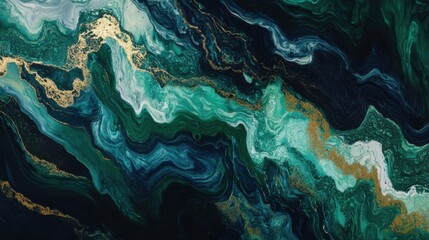 Poster - Abstract fluid art with green, blue, and gold swirls on a dark backdrop.
