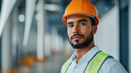 Poster - A construction worker in an orange hard hat and reflective vest stands confidently in an industrial setting, highlighting safety and professionalism.