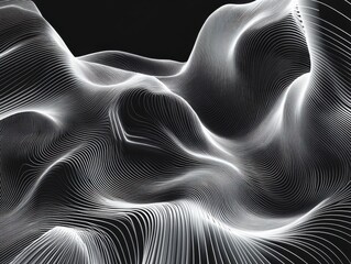 Poster - Abstract wave pattern in black and white with flowing lines and curves.