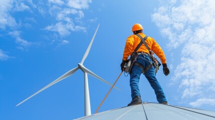 A worker in safety gear stands on a rooftop, overlooking wind turbines under a blue sky with scattered clouds.