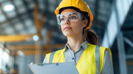 Poster - A focused female construction worker in a hard hat and safety glasses, holding a clipboard in an industrial environment.