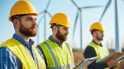 Poster - Three construction workers in safety gear observe wind turbines, emphasizing teamwork and safety in renewable energy projects.