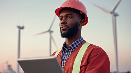 Poster - A professional inspecting wind turbines with a tablet, wearing a helmet and safety gear, set against a backdrop of renewable energy.