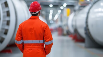 Poster - A worker in an orange uniform and safety helmet stands in a factory, observing large industrial equipment.