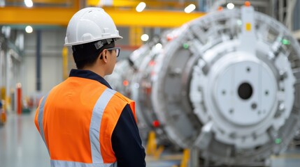 Poster - A worker inspects large machinery in a modern manufacturing facility, showcasing safety gear and a focus on operational efficiency.