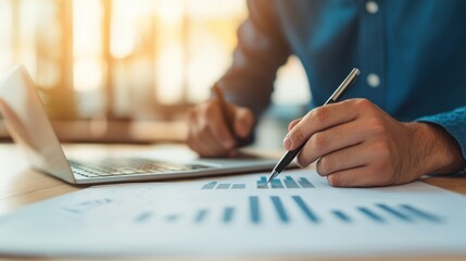 Poster - A close-up of a person analyzing graphs and charts on paper, with a laptop nearby, highlighting productivity and strategy in a work environment.