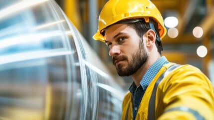 Poster - A focused worker in a safety helmet inspects a metal component in an industrial environment, embodying professionalism and attention to detail.