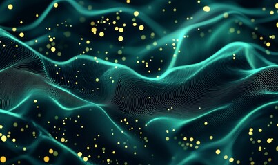 vibrant abstract background featuring flowing lines and glowing dots in shades of green, creating sense of movement and energy.
