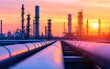 © Chopang.studio - A vibrant sunset casts colors over industrial plant infrastructure with towering pipes and smokestacks, symbolizing energy and manufacturing.