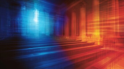 Poster - Neon Courtroom with Holographic Pillars and Bright Lights