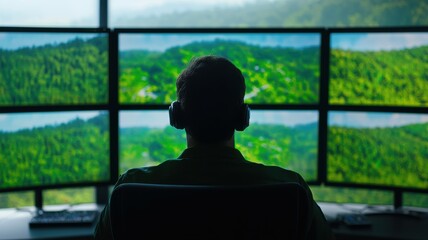 Poster - Modern Control Room with High-Tech Screens Displaying Nature